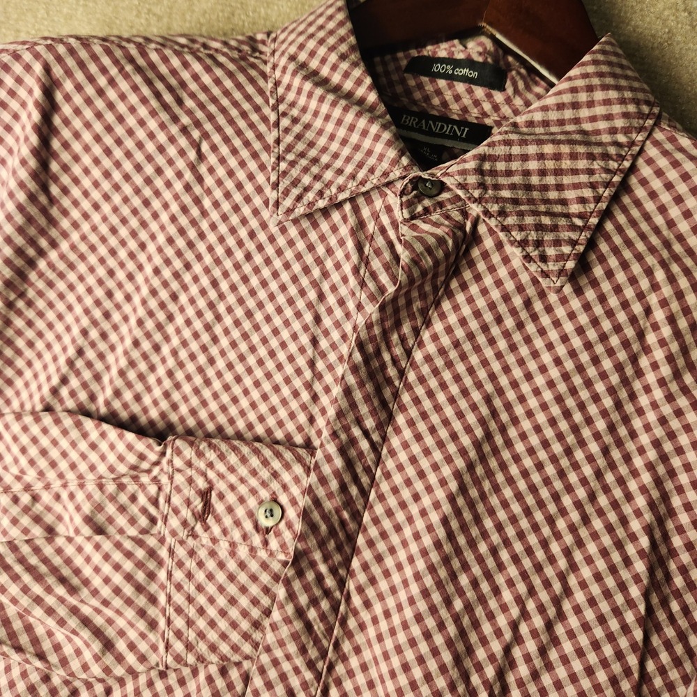 Brandini Button Down Shirt Mens XL Burgundy White Gingham Plaid Long Sleeve